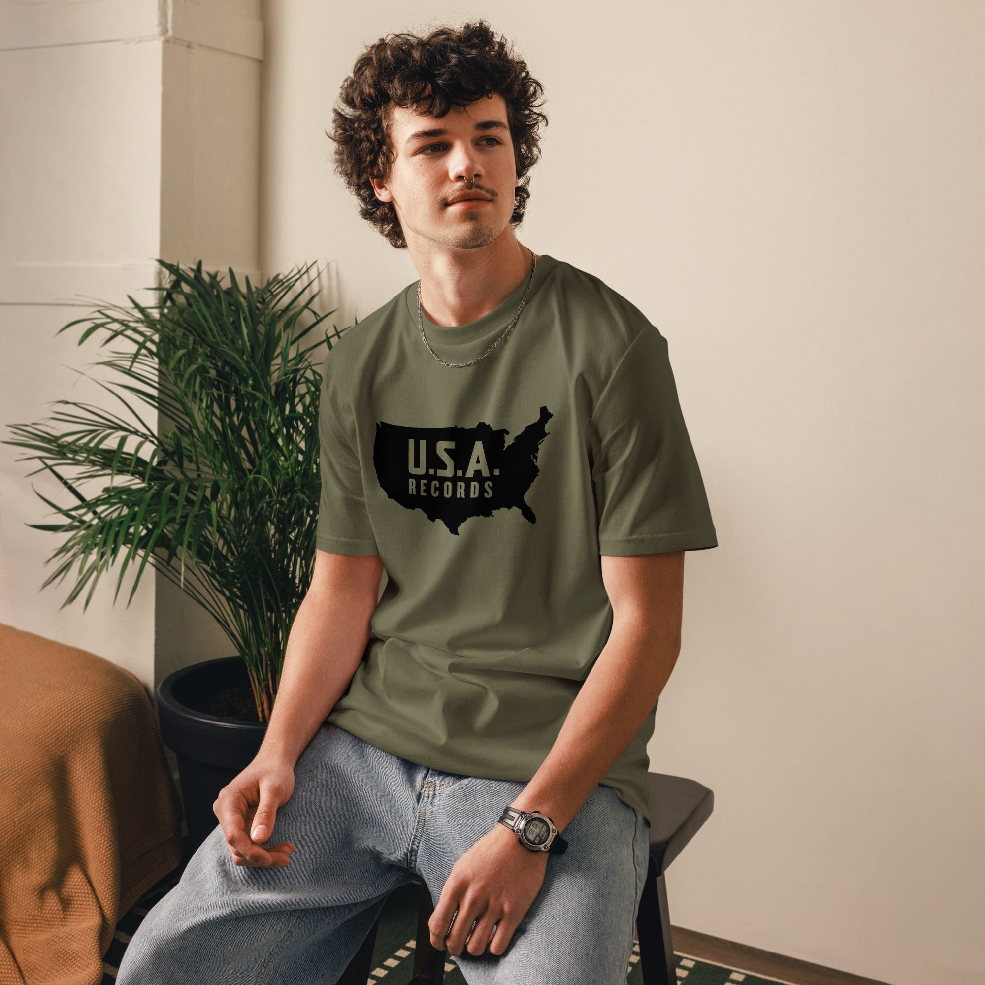 charly-u-s-a-records-t-shirt-coton-bio-kaki-taille-m-unisexe image 2