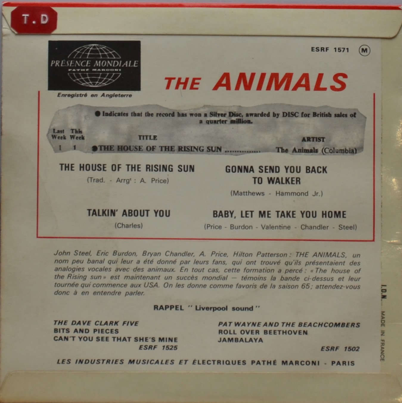 the-animals-house-of-the-rising-sun-disque-ep-45t-4-titres-1966 image 2